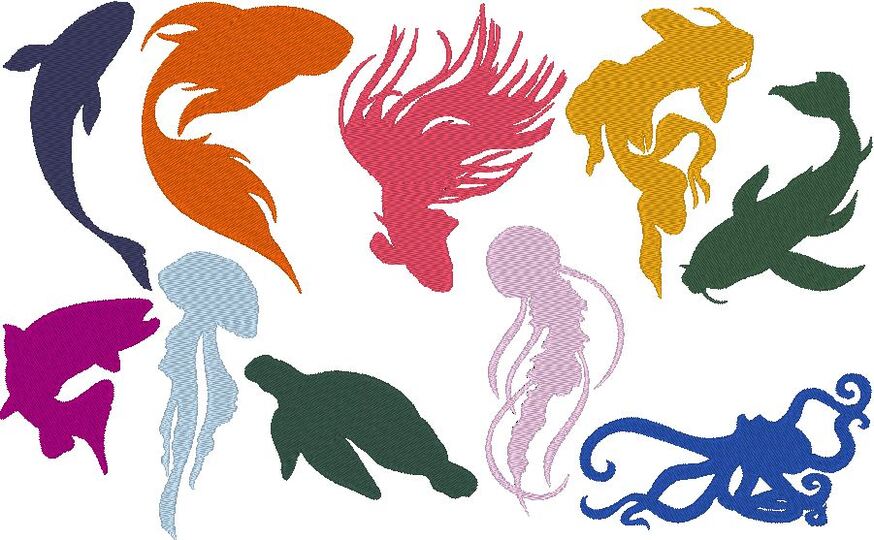 Meerestiere Silhouette 2 Stickdatei  Fisch Qualle Seepferdchen Schildkröte