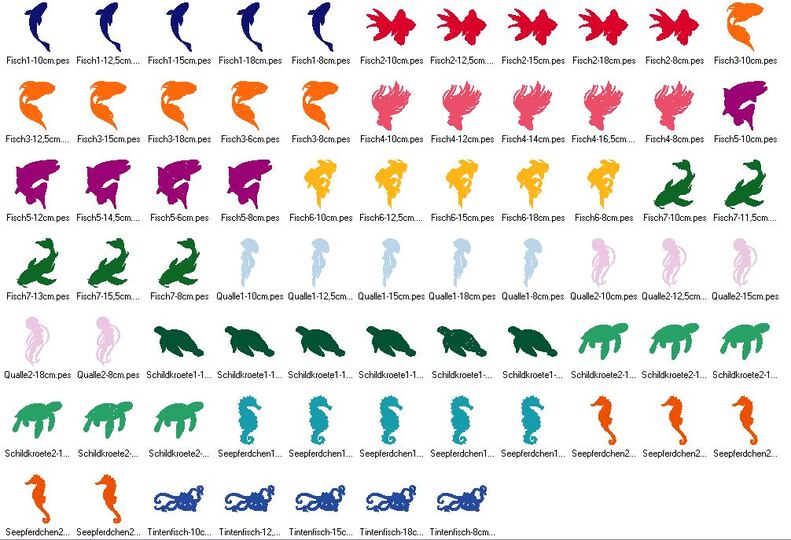Meerestiere Silhouette 2 Stickdatei  Fisch Qualle Seepferdchen Schildkröte