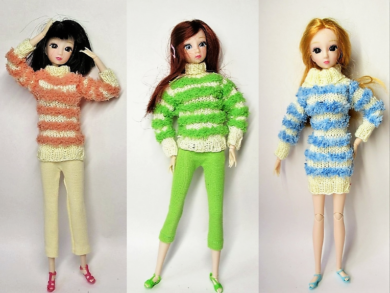 Strickanleitung Streifenpullover bzw. Pulloverkleid für Ankleidepuppen