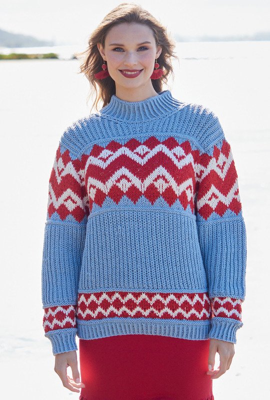 Patentpulli mit Jacquardstreifen in Hellblau, Rot, Natur - Bild 3