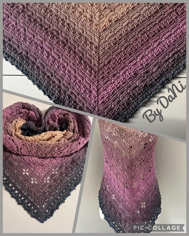 Gehäkeltes Dreieckstuch mit Farbverlauf in Beige, Rosé und Grau, Nahaufnahme von Lochmuster und Rand