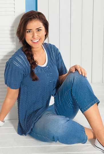 Blaue Kurzarmjacke mit Pfauenmuster