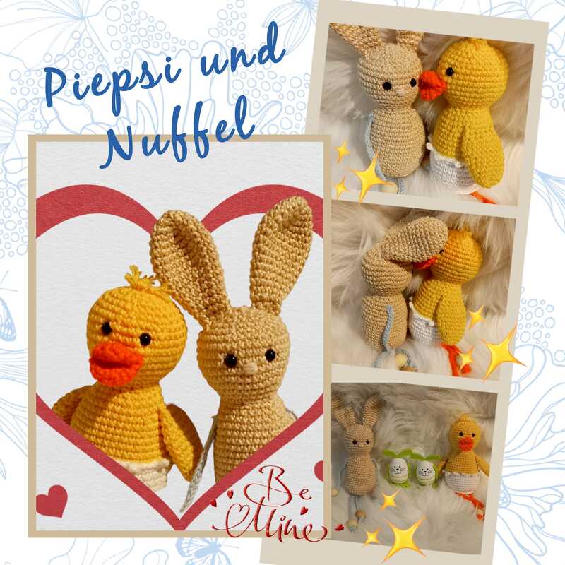 Gehäkelter Hase und gelbe Ente im Amigurumi-Stil, mehrere Ansichten in einer Collage