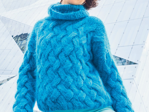 Pulli mit Flechtmuster und Rollkragen in Türkis