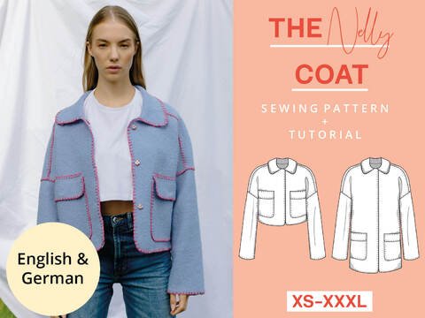 Schnittmuster Mantel OHNE Nähmaschine nähen, XS-XXXL, mit Video-Anleitung