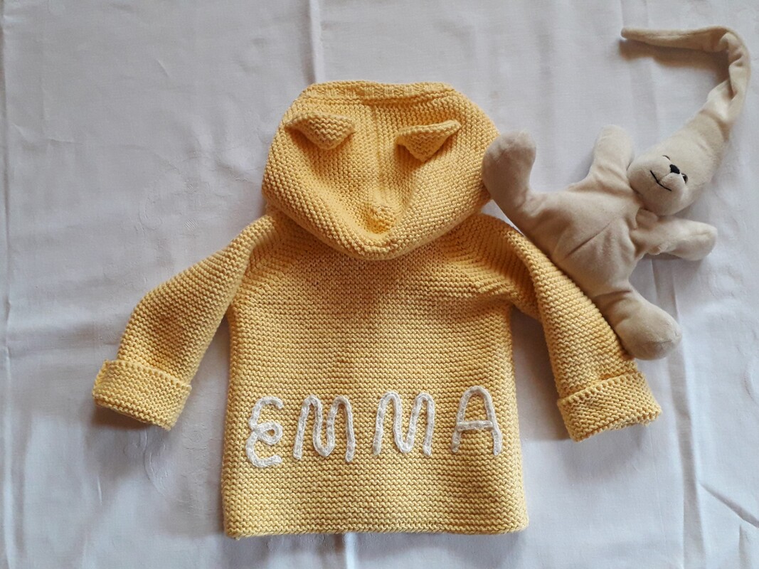 Strickanleitung Babyjacke mit Anleitung zum Wunschnamen,  Größe 74/80,