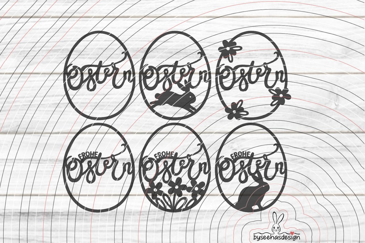 Sechs ovale Plottdateien mit den Schriftzügen 'Ostern' und 'Frohe Ostern' sowie Hasen- und Blumenmotiven, schwarze Silhouetten auf hellem Hintergrund.