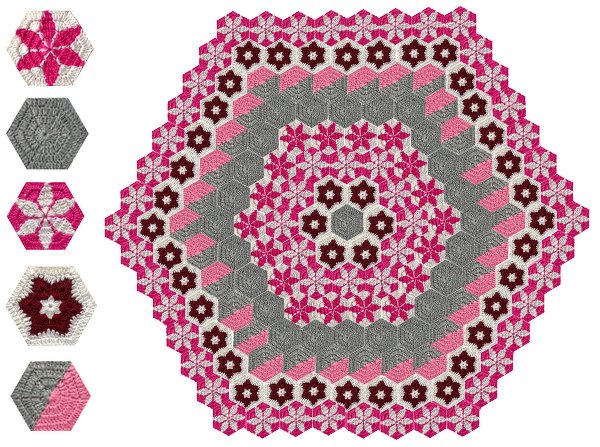 PaTchwork H&auml;keln mit 4 verschiedenen Hexagon Grannys