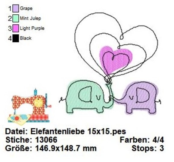 Stickdatei Elefanten, Doodle Stickdatei, Tierliebe, Stickdatei in 3 Größen