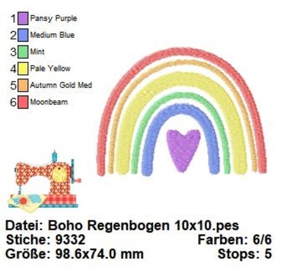 Boho Stickdatei, Regenbogen Stickdatei mit Herz, Stickdatei in 3 Größen