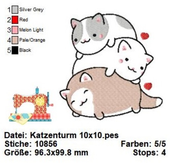 Stickdatei Katzen, Katzenliebe Stickdatei in 3 Größen, Maschinensticken