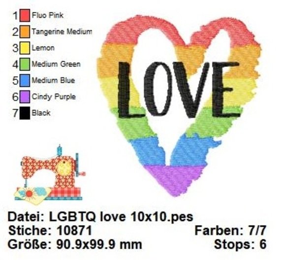 Lgbtq RegebogenHerz, Liebe, Diversity, Stickdatei in 3 Größen