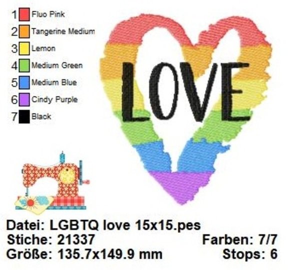 Lgbtq RegebogenHerz, Liebe, Diversity, Stickdatei in 3 Größen