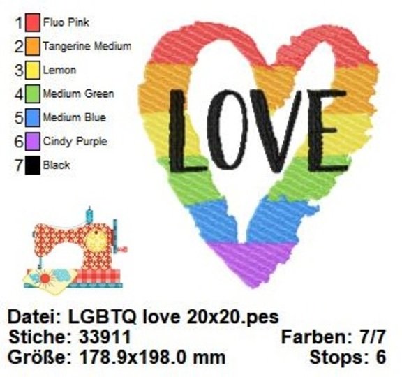 Lgbtq RegebogenHerz, Liebe, Diversity, Stickdatei in 3 Größen