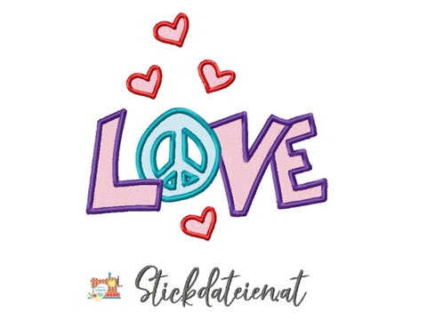 Peace, Love, Liebe, Frieden, Stickdatei in 3 Größen