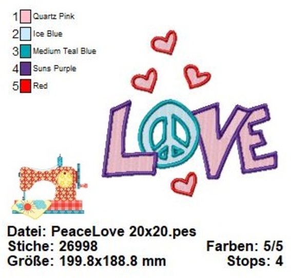 Peace, Love, Liebe, Frieden, Stickdatei in 3 Größen