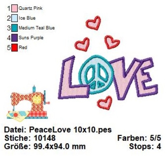 Peace, Love, Liebe, Frieden, Stickdatei in 3 Größen