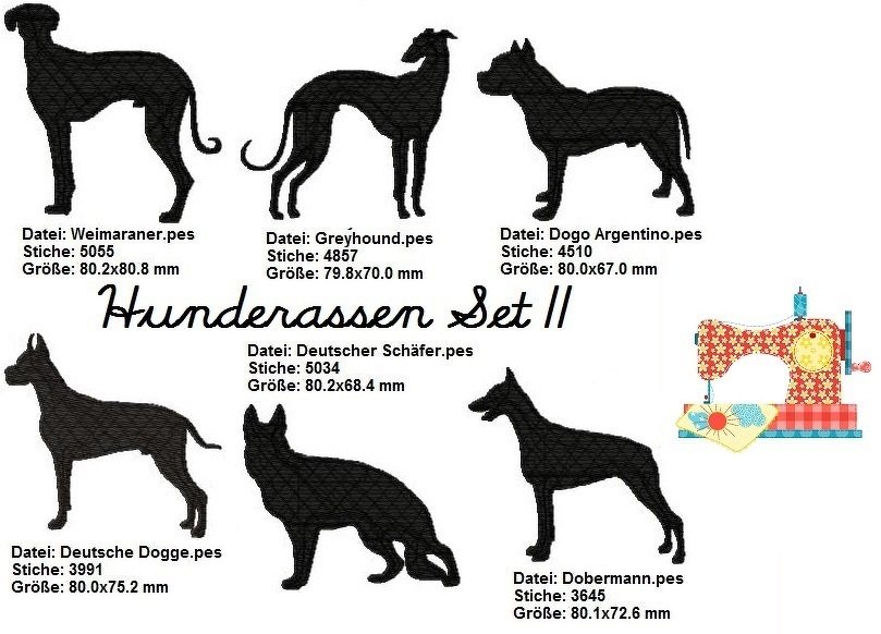 Stickdatei Set Silhouetten Hunderassen, Stickdatei 10x10, Maschinensticken