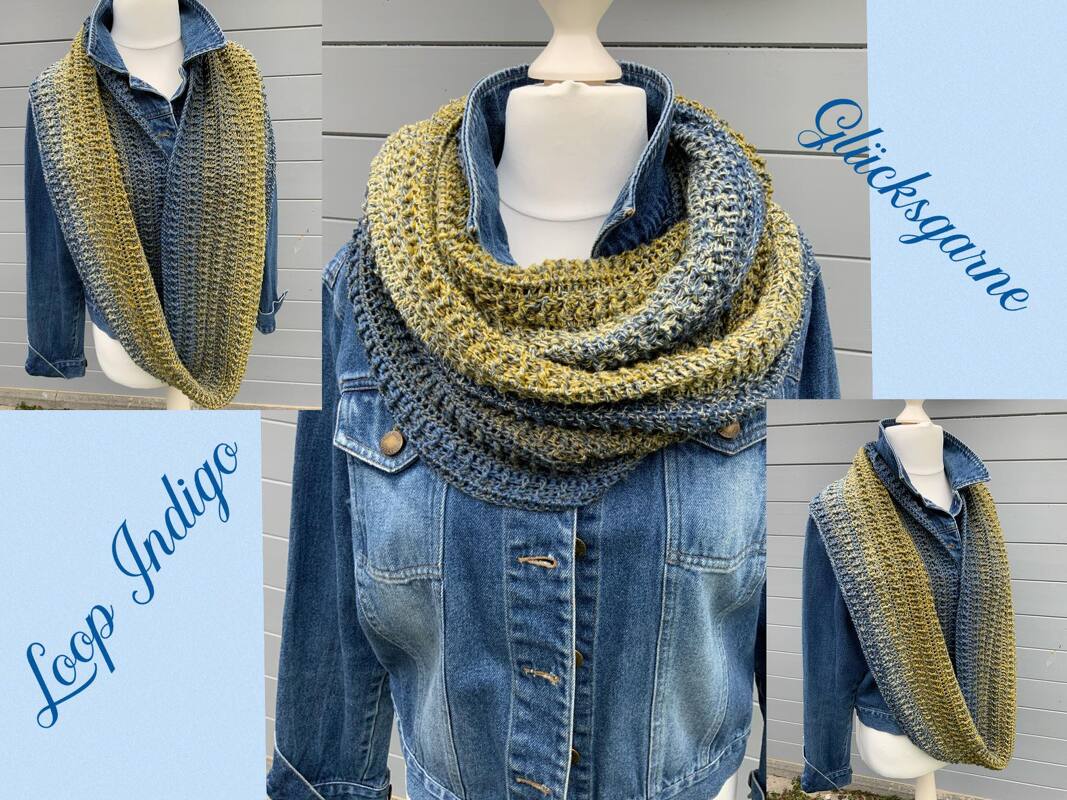 Gehäkelter Loop-Schal in Blau- und Gelbtönen auf einer Schneiderpuppe mit Jeansjacke, mehrere Ansichten