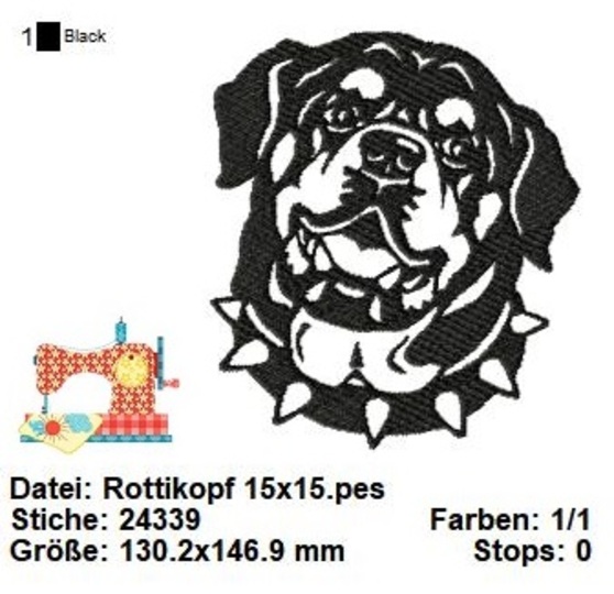 Stickdatei Rottweilerkopf, Rottweiler Stickdatei in 2 Größen