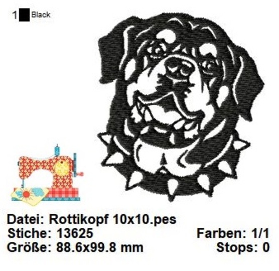 Stickdatei Rottweilerkopf, Rottweiler Stickdatei in 2 Größen