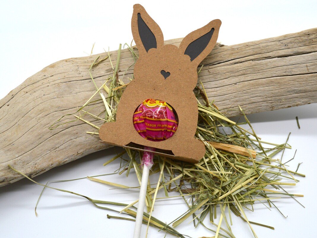 Hasen-Lutscherhalter aus braunem Karton mit rosafarbenem Lutscher auf Heu vor Treibholz