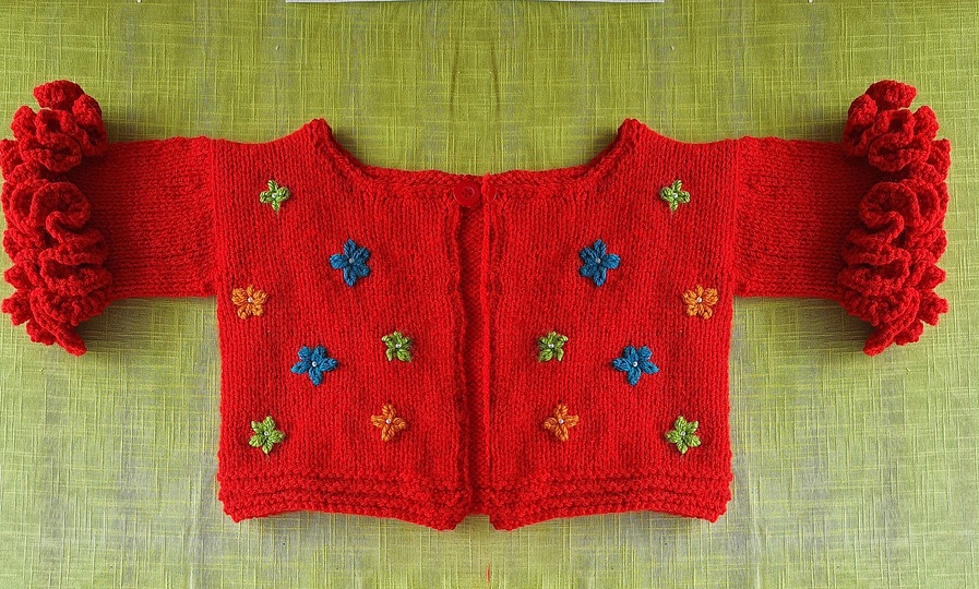 Strickanleitung M&auml;dchenjacke mit Bl&uuml;ten und R&uuml;schen  ca. Gr&ouml;sse 104