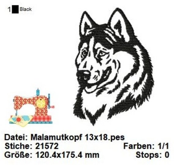Stickdatei Malamutkopf, große Hunderasse Stickdatei in 3 Größen