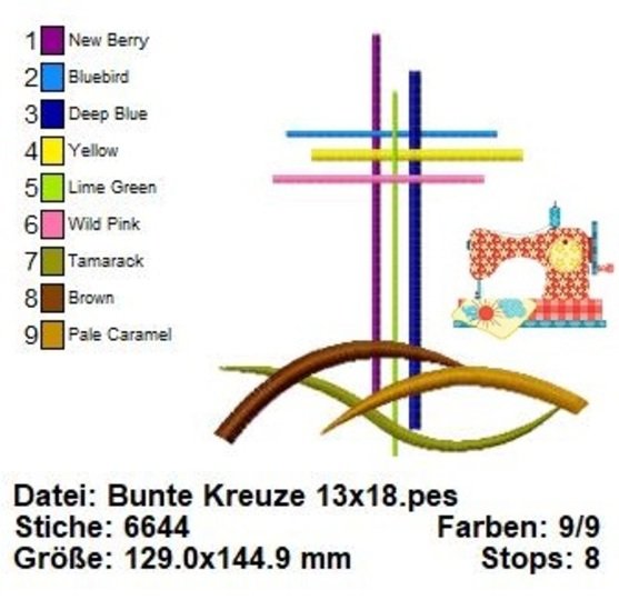 Stickdatei Bunte Kreuze, Stickdatei Taufe Kommunion, Stickdatei in 3 Größen