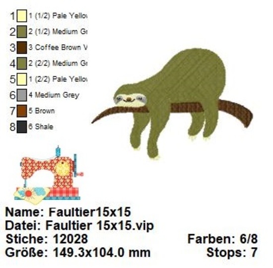 Stickdatei Faultier auf Ast, Stickdatei in 2 Größen, Maschinensticken