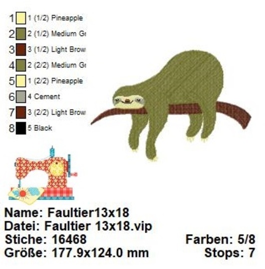 Stickdatei Faultier auf Ast, Stickdatei in 2 Größen, Maschinensticken