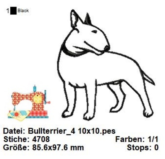 Stickdatei Bullterrier, Bulli Hunderasse, Stickdatei in 3 Größen