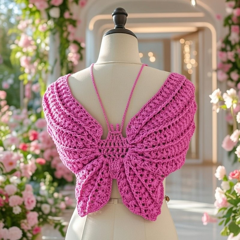 Back view of a pink crochet top with butterfly-shaped openwork back and thin neck ties on a mannequin with floral background.