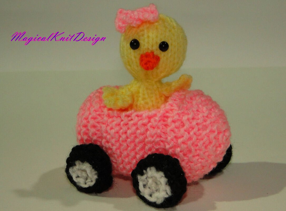 Lola on her car - knitting pattern soft toys Easter decorations chicks duck - Image 3