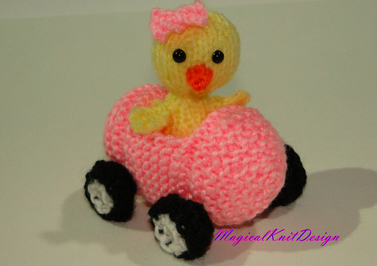 Lola on her car - knitting pattern soft toys Easter decorations chicks duck
