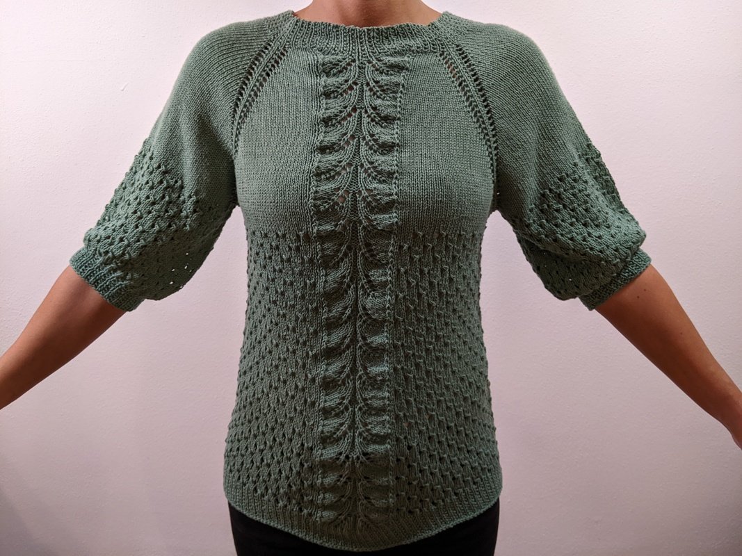 Grüner gestrickter Damenpullover mit zentralem Zopfmuster, Ajourmuster und halblangen Raglanärmeln