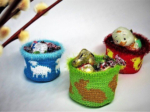 Häkelanleitung 3 Geschenkkörbchen für Ostern (Tapestrytechnik)