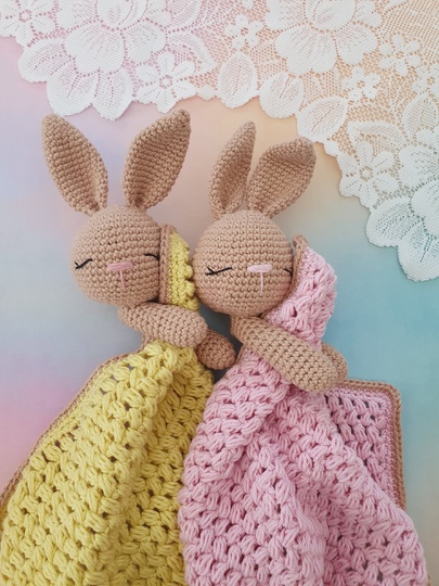 Lovey blankets "Bunnies Polly & Paul" - snuggler - crochet pattern PDF