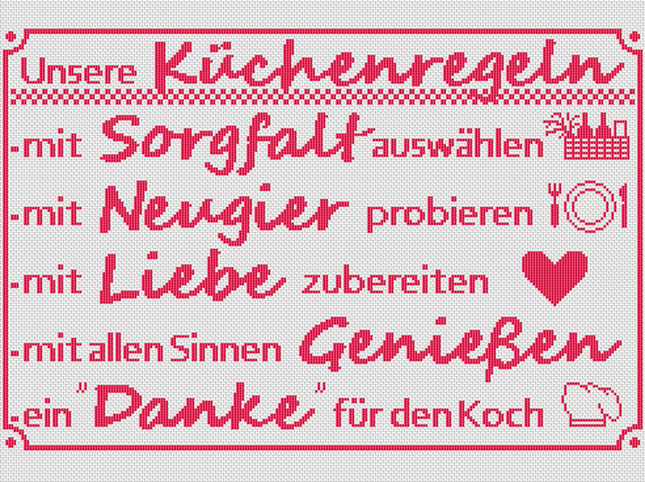 Kreuzstichvorlage mit Küchenregeln im Stil von Dekoschildern, PDF Download