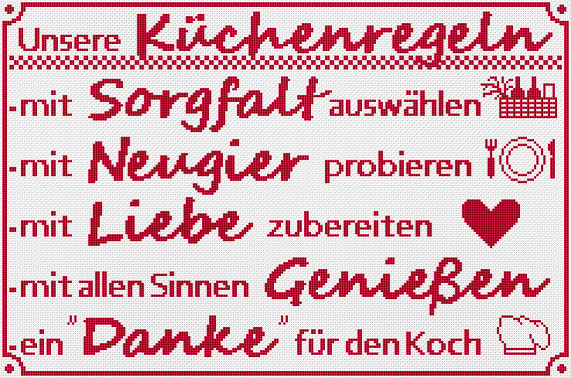 Kreuzstichvorlage mit Küchenregeln im Stil von Dekoschildern, PDF Download