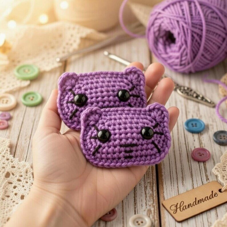 Hand holding two small purple crocheted animal face appliqués with black button eyes