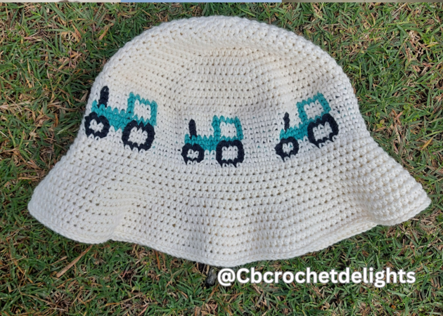 Crochet Tractor Bucket Hat, pattern for baby, child, women & men (5 sizes)