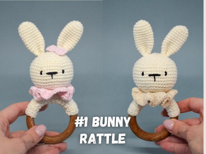 Crochet baby rattle pattern amigurumi set of 3: bunny, lion, llama rainbow