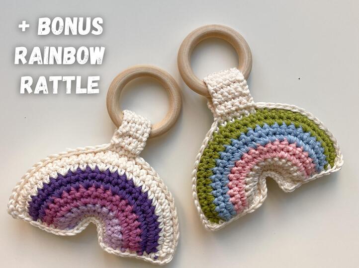 Crochet baby rattle pattern amigurumi set of 3: bunny, lion, llama rainbow