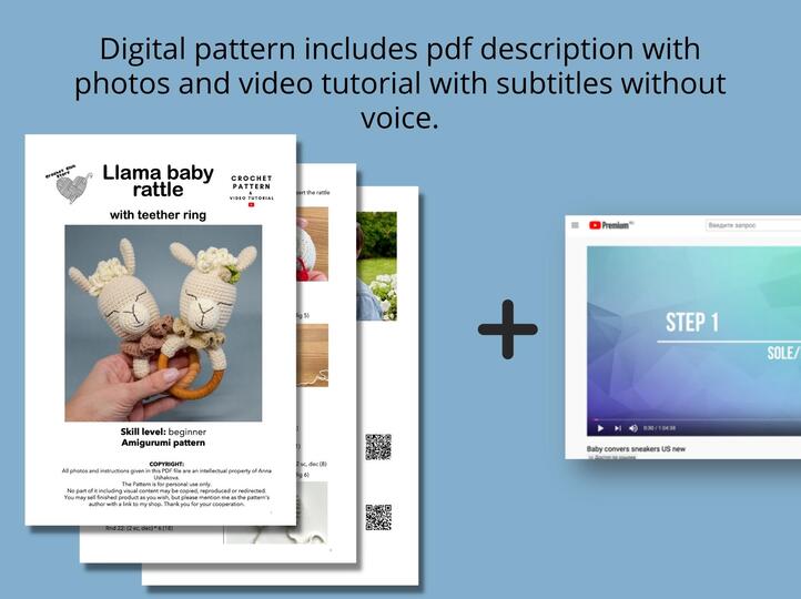 Crochet baby rattle pattern amigurumi set of 3: bunny, lion, llama rainbow