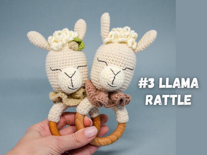 Crochet baby rattle pattern amigurumi set of 3: bunny, lion, llama rainbow