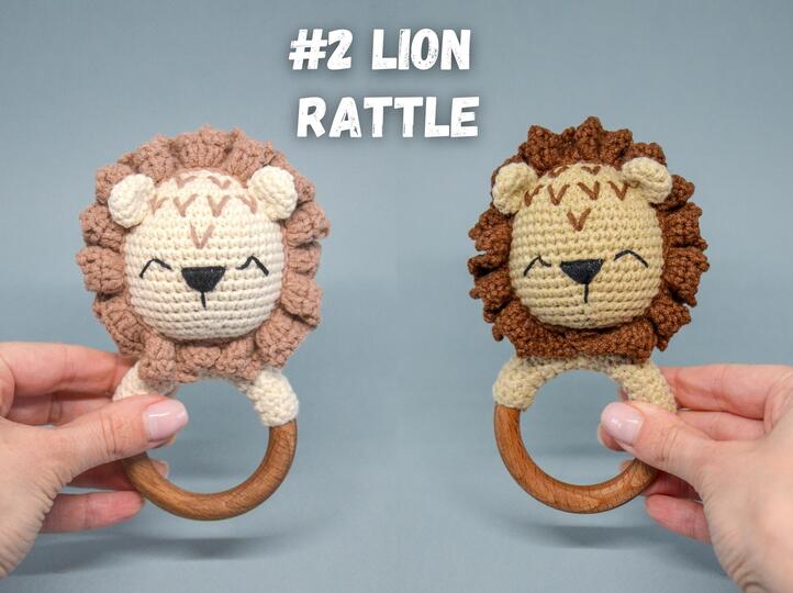 Crochet baby rattle pattern amigurumi set of 3: bunny, lion, llama rainbow