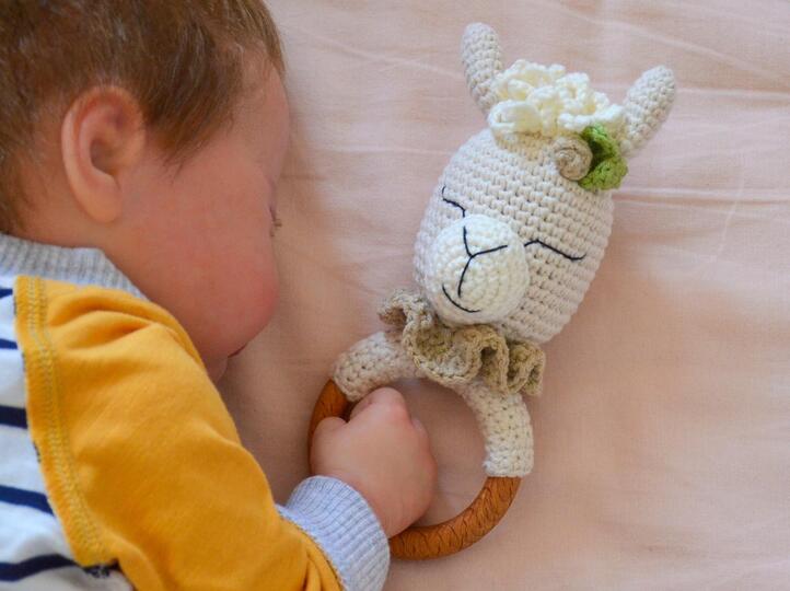 Crochet baby rattle pattern amigurumi set of 3: bunny, lion, llama rainbow