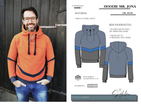 PDF Schnittmuster für ein Männerhoodie  in den Größen 44-64