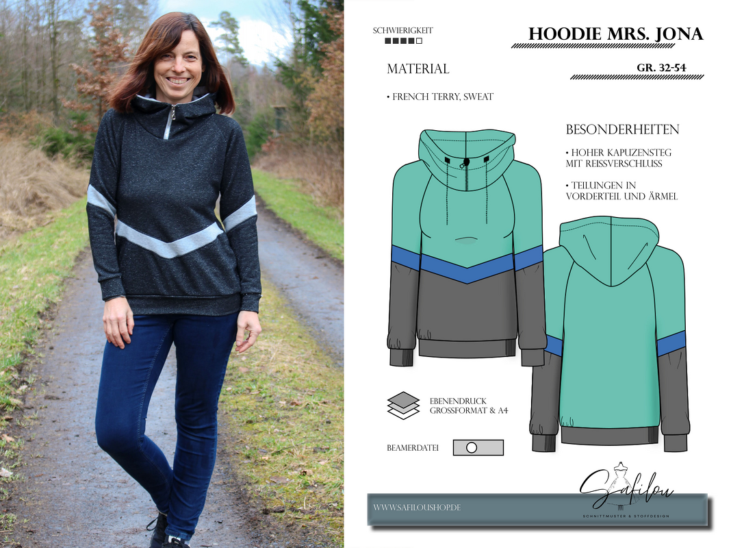 PDF Schnittmuster für einen Frauenhoodie  in den Größen 32-54
